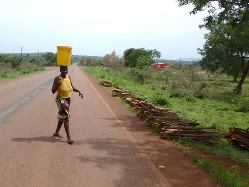 A Lady waves, she's selling wood.